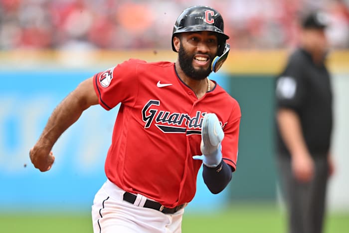 Jul 8, 2023; Cleveland, Ohio, USA; Cleveland Guardians shortstop Amed Rosario (1) advances to third during the sixth inning against the Kansas City Royals at Progressive Field.